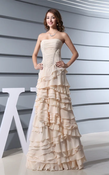 Strapless Ruched Chiffon A-Line Gown with Peplum and Tiers