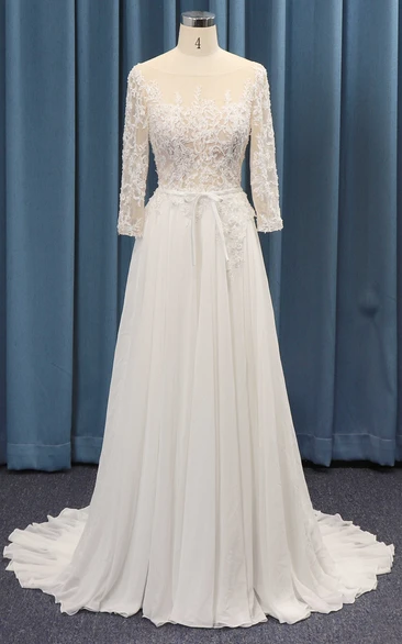 A-line 3/4 Sleeve Lace Top And Chiffon Ruched Skirt And Sash Adorable Wedding Dress
