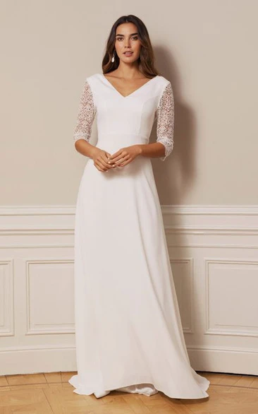 Bohemian Chiffon Lace V-neck A Line Floor-length Deep-V Back Wedding Dress