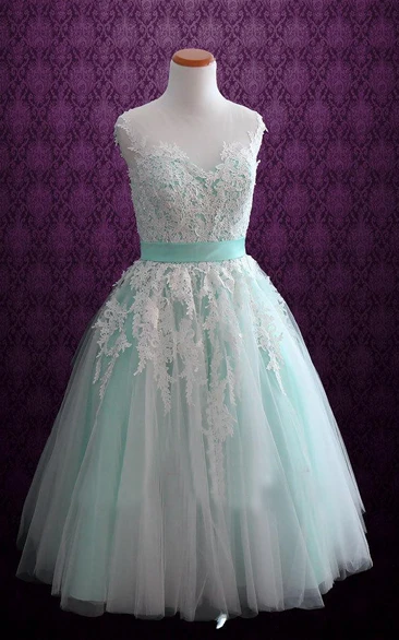 Mini Tea-Length Tulle Lace Satin Weddig Dress