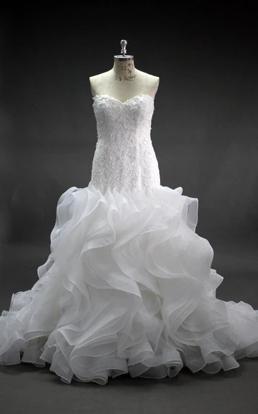 Sweetheart Ruffled Mermaid Lace and Organza Wedding Dress