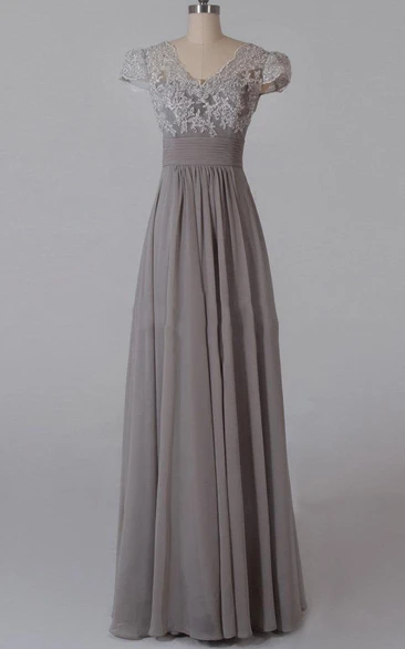 A-line Floor-length V-neck Chiffon&Lace&Satin Dress With Appliques