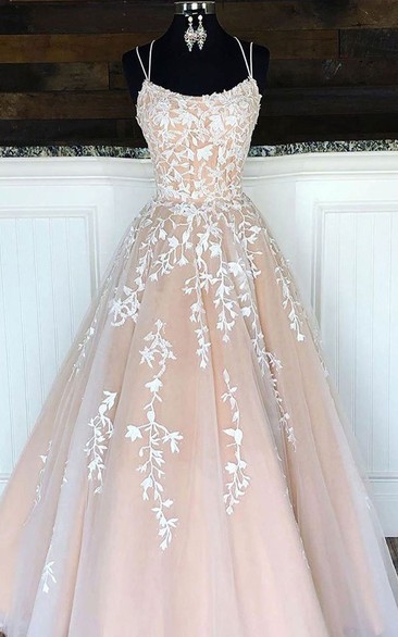 Adorable A Line Tulle Spaghetti Sleeveless Prom Dress with Appliques and Ruffles