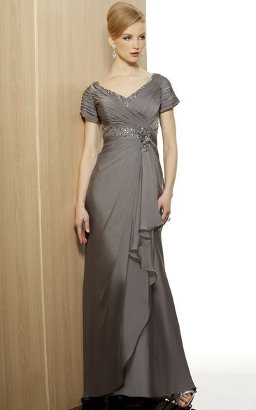 Cap Sleeve V-Neck Beaded Jersey Formal MOB Dress With Draping And Criss Cross