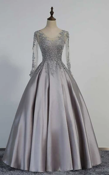 Illusion Long Sleeve V Neck Pleated Satin Ball Gown With Lace Detailing