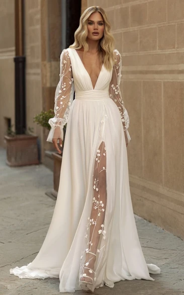 Long Sleeve Boho Winter Wedding Dress Lace A-Line V-Neck Beach Gown with Split Front