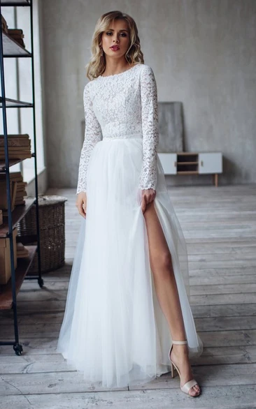 Casual Two Piece Lace Tulle Bateau Long Sleeve Wedding Dress with Split Front
