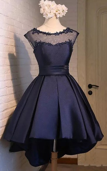 A-line Bateau Cap Short Sleeve High-low Satin Prom Dress with Appliques and Beading
