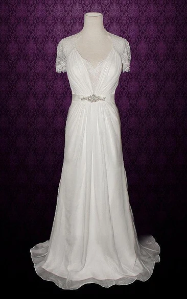 V_Neck Short-Sleeve A-Line Chiffon Dress With Beaded Sash And Ruching Detailing