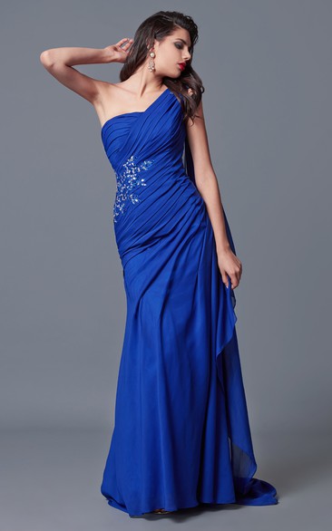 Elegant One Shoulder Ruched Stretch Mesh Dress With Beaded Detail and Stole