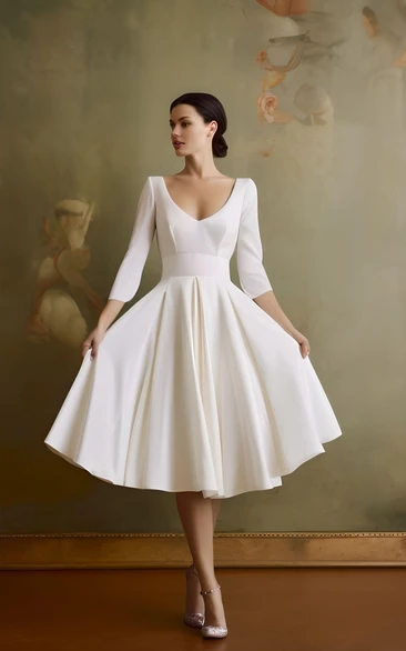 1950S Vintage Sleeved A-Line V-neck Satin Tea Length Wedding Dress Beach Country Garden Court Simple Elegant Casual Gown