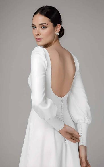 Simple Modest A-Line Long Sleeve Wedding Dress Minimalist Casual Square Neck Backless Sweep Train Maxi Bridal Gown