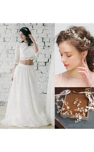 Jewel-Neck 3-4-Sleeve Two-Piece A-Line Wedding Dress and Delicate Exquisite Hand-flower Vine Pearl Hair With Ear Clip Set