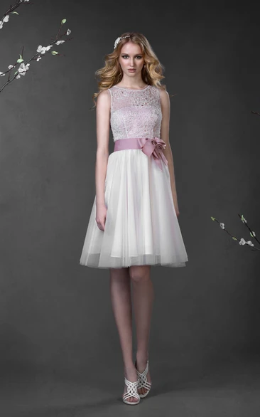 A-Line Mini Scoop Sleeveless Low-V-Back Lace Tulle Dress With Bow