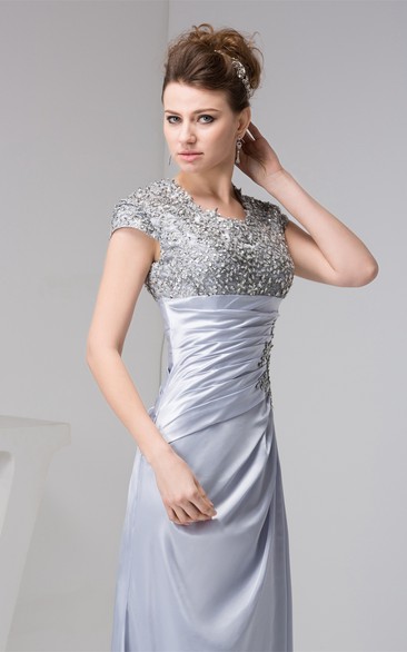 Caped-Sleeve Ruched Sheath Dress with Jewels and Appliques - June Bridals