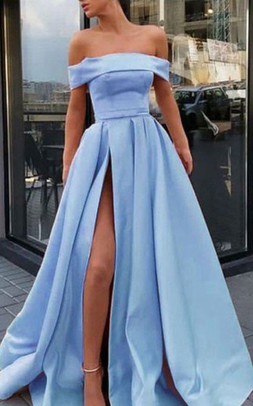 Sexy A Line Satin Off-the-shoulder Sleeveless Prom Dress with Split Front and Ruffles