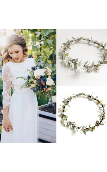 Scoop-Neck Illusion 3-4-Sleeve Sheath Wedding Dress and White Green Flocking Flowers Simulation Wreath