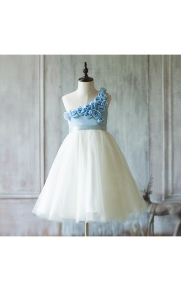 Off White Flower Neck Rosette One Shoulder Tulle Dress With Pleats