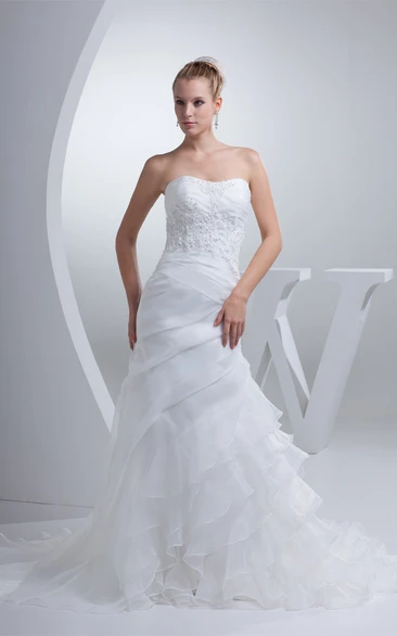 Strapless Appliqued Column Dress with Tiers and Appliques