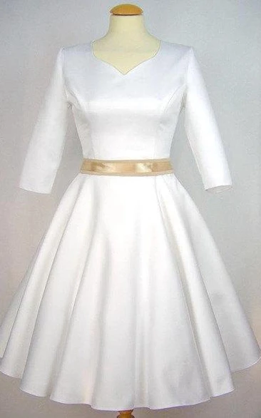 V-Neck Half-Sleeve A-Line Satin Short Wedding Dress With Sash
