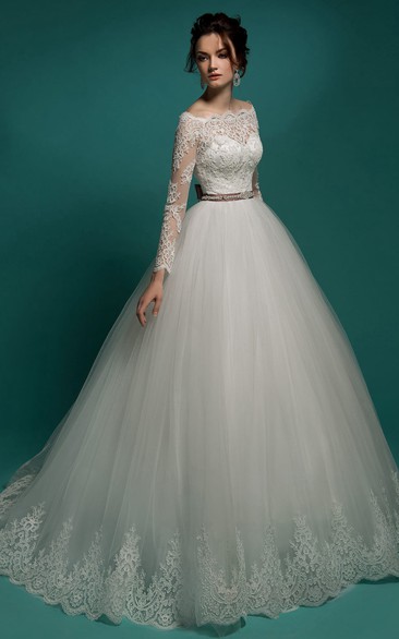 A-Line Maxi Off-The-Shoulder Illusion-Sleeve Zipper Tulle Dress With Lace Appliques And Appliques