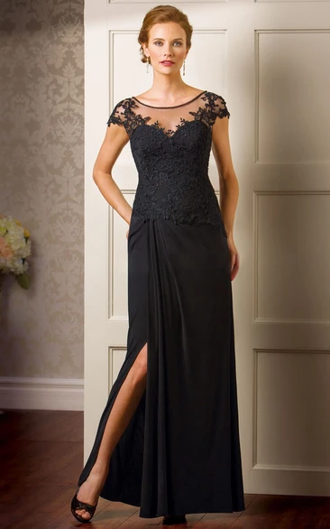 Scoop-neck Cap-sleeve MOB Chiffon Dress With Lace And Split Front