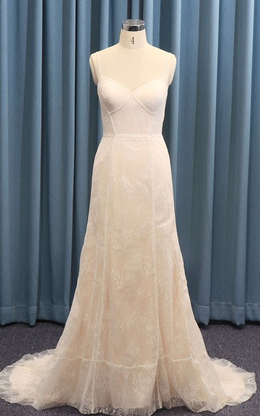 Open Back Lace Sexy Spaghetti Boned Straps A-line Wedding Dress