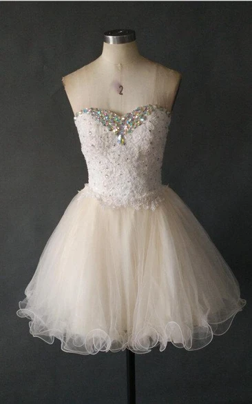 Short Sweetheart Tulle Dress With Lace Bodice And Crystals
