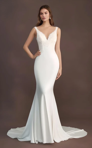 2023 Mermaid Satin Lace Sleeveless Wedding Dress V-neck Country Garden Sweep Train Simple Sexy Elegant Modern