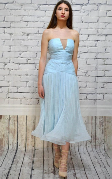 Strapless A-Line Tea-Length Dress With Ruching