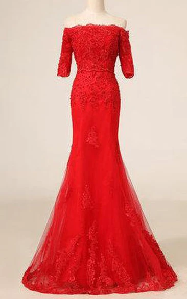 Mermaid Red Long Tulle&Lace Dress