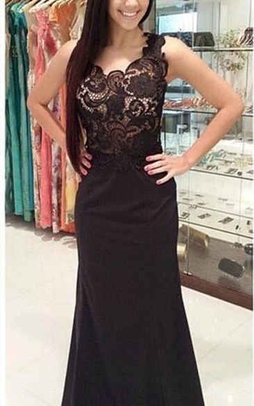 Sexy Lace Appliques Black Prom Dress One Shoulder Sleeveless