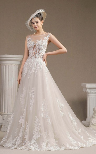 Illusion Top Cap Sleeve Lace Appliqued Ballgown Wedding Dress With Button Back