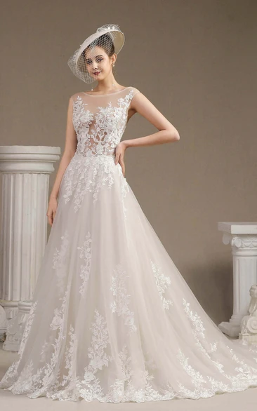 Illusion Top Cap Sleeve Lace Appliqued Ballgown Wedding Dress With Button Back