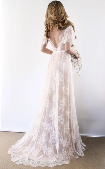Boho V-neck Beach A-line Country Elegant Lace Petals Illusion Bell Wedding Dress with Train