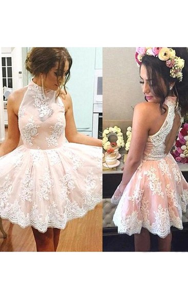 A-line Ball Gown High Neck Sleeveless Pleats Ruching Short Mini Lace Homecoming Dress