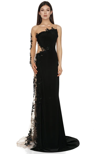Casual A Line Jersey Floor-length Long Sleeve Guest Dress with Appliques