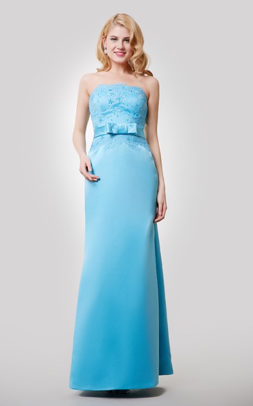 Satin Floor Length Strapless Dress With Beaded Lace Bodice and Bow