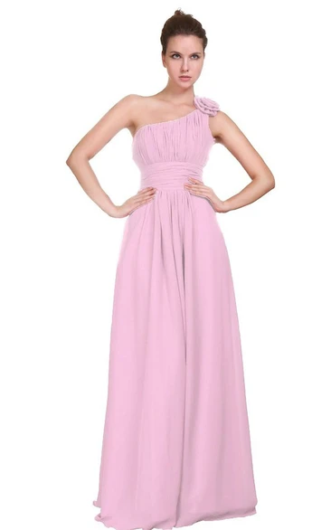 Floral One-shoulder Pleated A-line Dress With Ruched Band