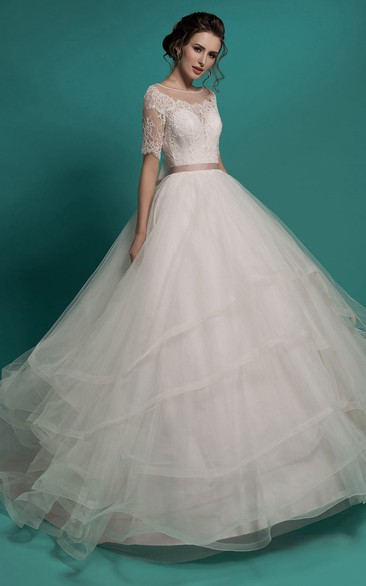 Ball Gown Long Scoop-Neck Illusion-Sleeve Illusion Tulle Dress With Tiers And Lace Appliques
