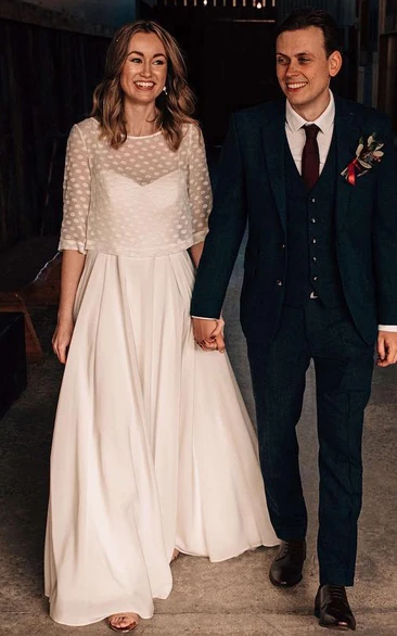 Modest Scoop Neckline A-Line Chiffon Wedding Dress With Button Back