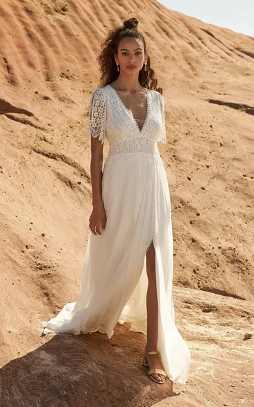 Plunging Half Sleeve Bohemian Front Split Lace And Chiffon Wedding Dress With Open Back