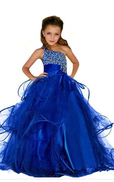 One Shoulder Beading Ball Gown Flower Girl Dress with Ruffle