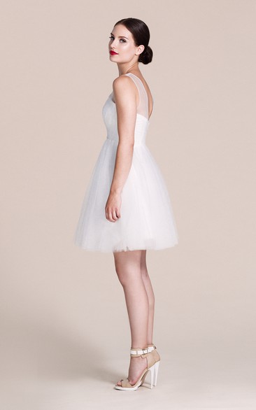 A-Line Tulle Short Bridesmaid Dress with Illusion Neck - June Bridals