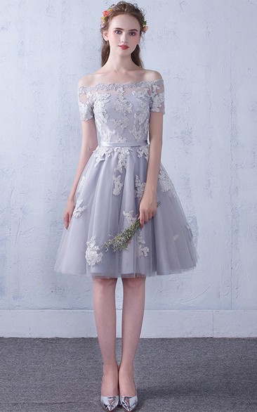 Lace Tulle Off-the-shoulder Knee-length Formal Dress With Appliques
