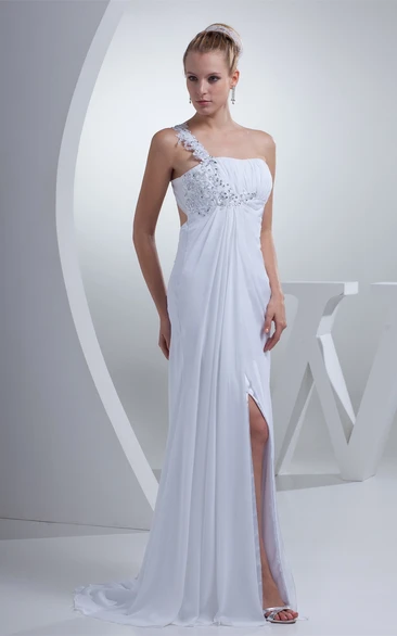 Chiffon Sleeveless Pleated Dress with Beading and Front Slit