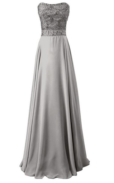 Strapless Long Satin Dress With Beaded Bodice