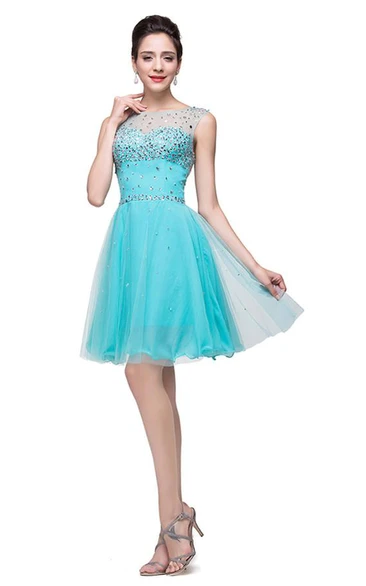 Classic Sleeveless Tulle Short Homecoming Dress With Crystals - June ...