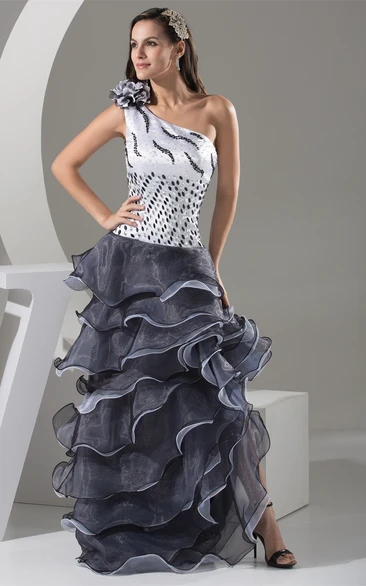 Flowered One-Shoulder Floor-Length A-Line Sleeveless Gown with Cascading Ruffles and Sequins