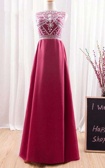 Long Dark Red Prom Fashion Crystal Formal Round Neck Floor Length Bridesmaid Transparent Backless Evening Dress
